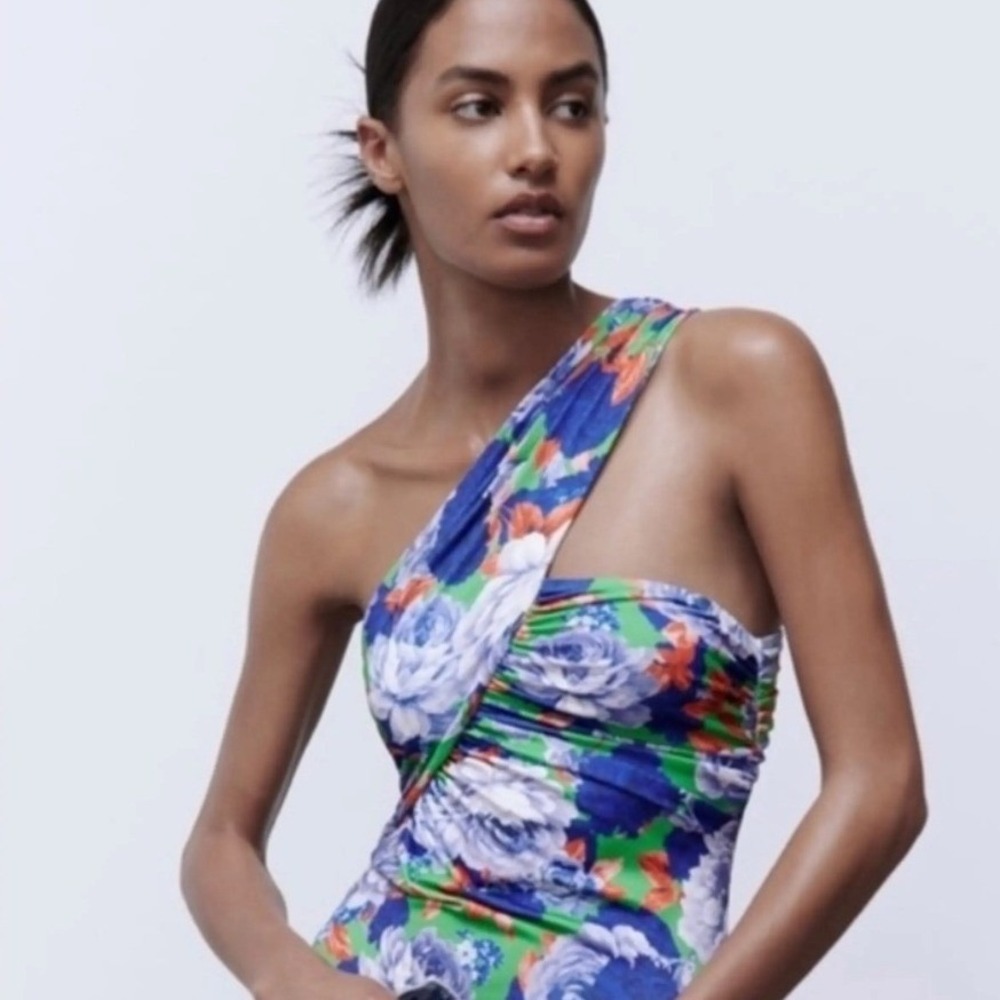 Zara Womens Floral One Shoulder Ruched‎ Bodysuit Blue Green S